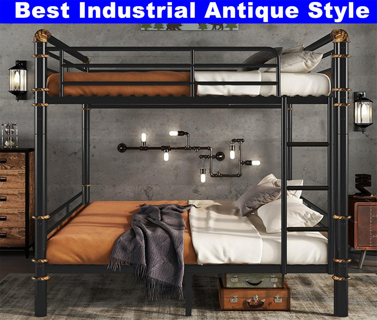 LEEKOUS Upgraded Version Thicken Metal Queen Over Queen Bunk Bed, Best Industrial Style Heavy Duty Queen Size Bunk Bed, Convertible into 2 Beds Wood Board, Water Pipe Design for Adults (Queen) LEEKOUS