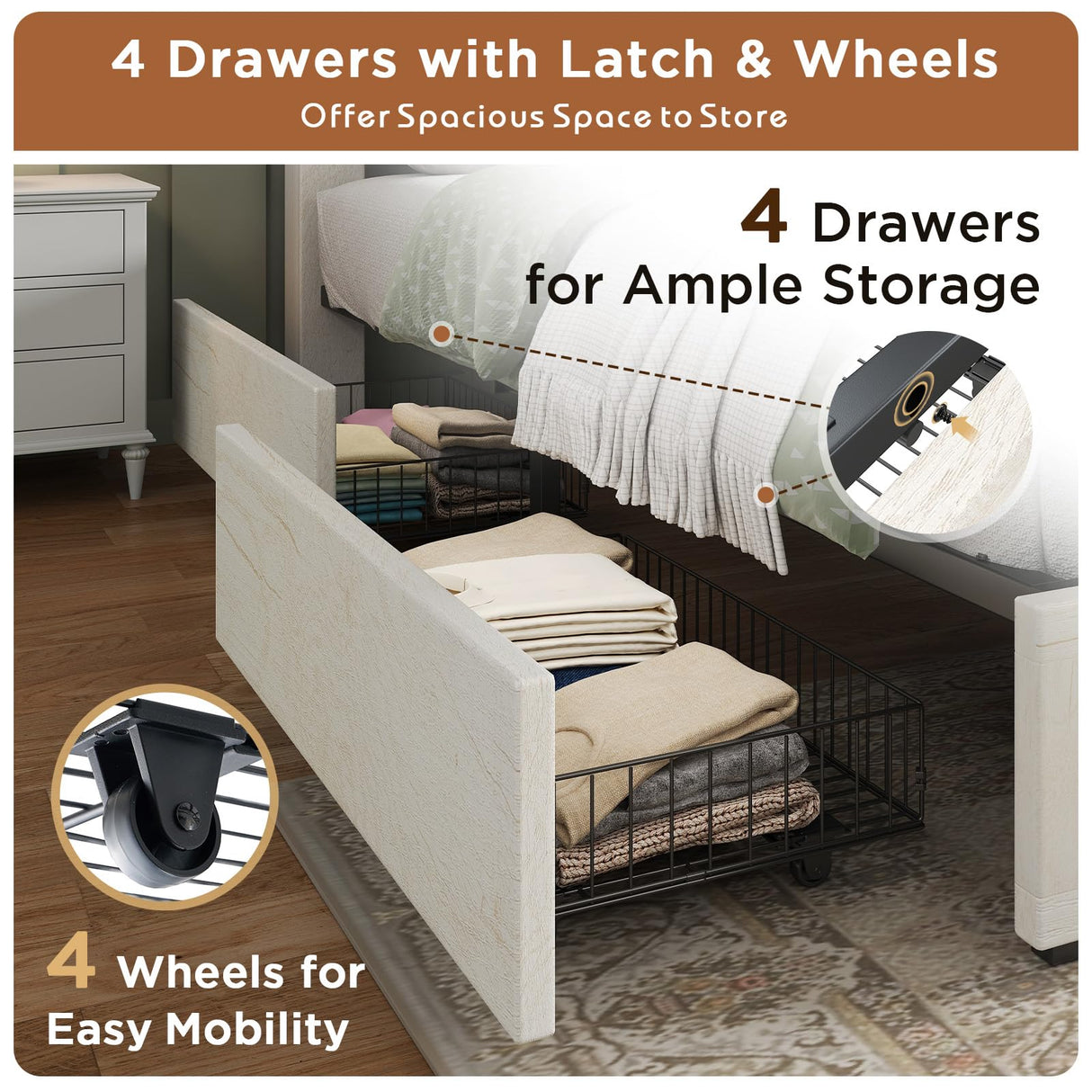 LUXOAK 48.8" H Queen Size Bed Frame with 4 Storage Drawers, Farmhouse Platform Bed with Barn Door Headboard, Rustic Wood Grain, No Box Spring Needed, Rustic White LUXOAK