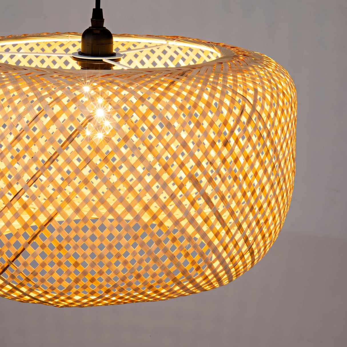 LUJOGUID 17.72in Bamboo Drum Light Rattan Wicker Hand Woven Lighting Fixture Boho Coastal Beach Chandelier Hanging Basket Lights for Kitchen Island Dining Room Restaurant Hallway Foyer LUJOGUID