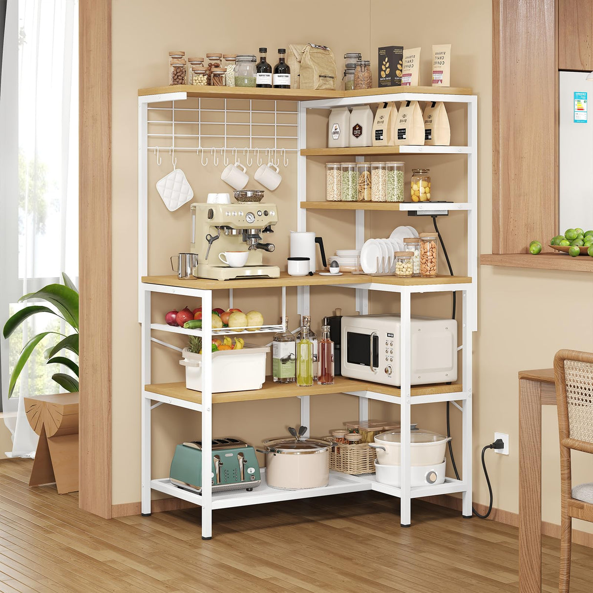 iabifo L-Shaped Bakers Rack with Power Outlet, 6-Tier Microwave Stand with Open Storage, Kitchen Shelf with Hooks, Coffee Bar with Wire Basket, White iabifo