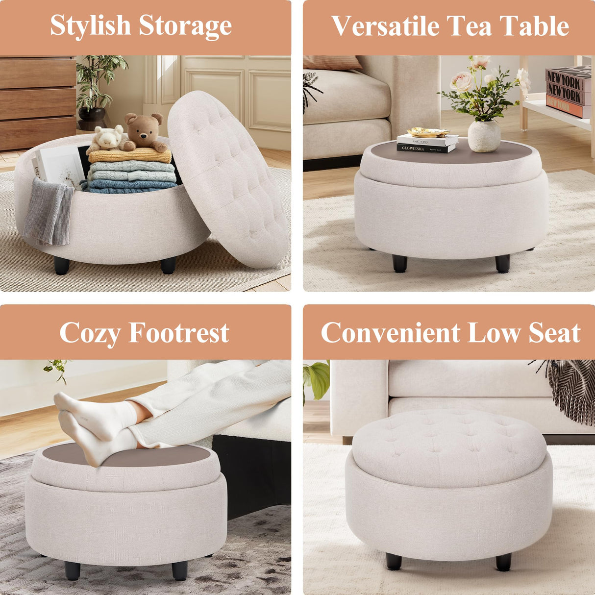 COLAMY Fabric Round Storage Ottoman with Reversible Tray Lid – Multi-Functional Footrest, Hidden Storage, Sturdy & Stylish Small Coffee Table for Living Room, Bedroom, or Entryway(Beige) COLAMY