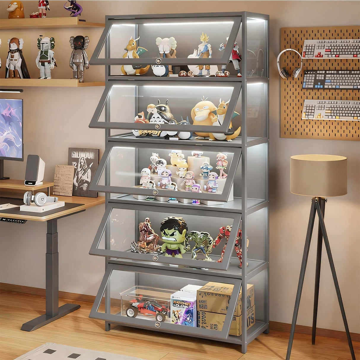 Display Cabinet, 5-Tier Curio Cabinet with Acrylic Doors, Bamboo Display Case for Figures, Display Case for Collectibles & Kids Bookcase for Home, Office, Playroom, Living Room Orixal