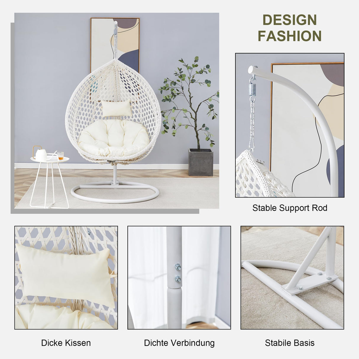 JUFU Egg Swing Chair with Stand, Hanging Egg Chair, White, Modern, Indoor/Outdoor, Relaxing, Lightweight, Space Saving, Foldable JUFU