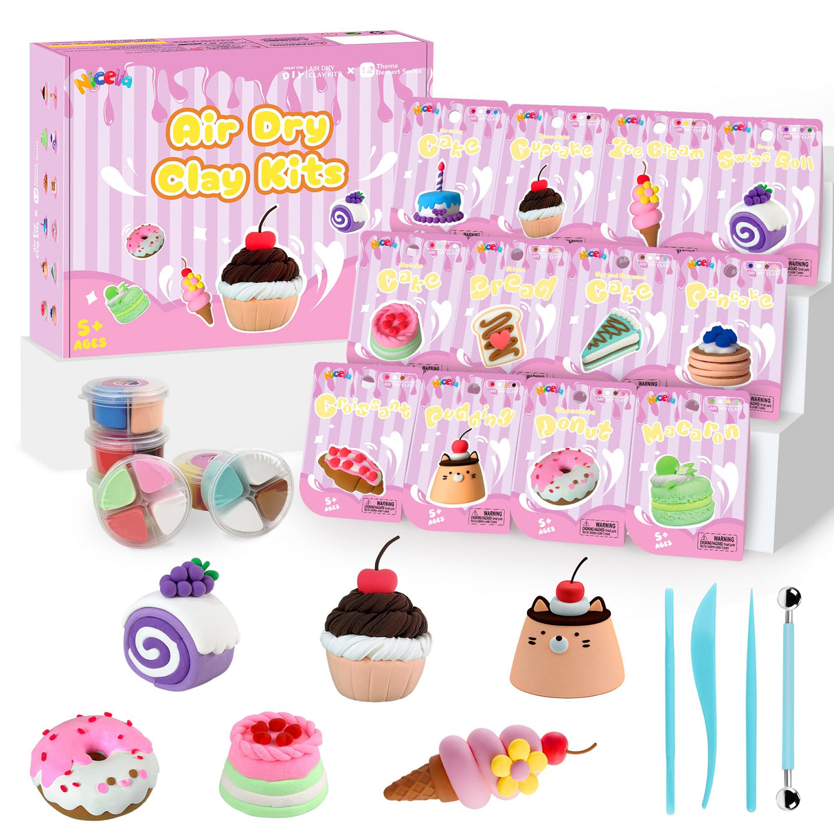 Nicella Air Dry Clay Kit, 12 Cakes Modeling Clay for Kids, Model Magic with Sculpting Tools and Tutorials, Safe & Non-Toxic, DIY Arts & Crafts School Projects, Home Party Favors for Boys & Girls Nicella