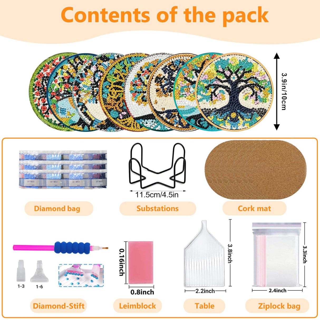 8 PCS Diamond Art Coasters Kits, Tree of Life Diamond Painting Coasters with Holder Set of 8, DIY Diamond Art Painting for Home Decor Birthday Housewarming Gifts 3.9inch Aestalrcus