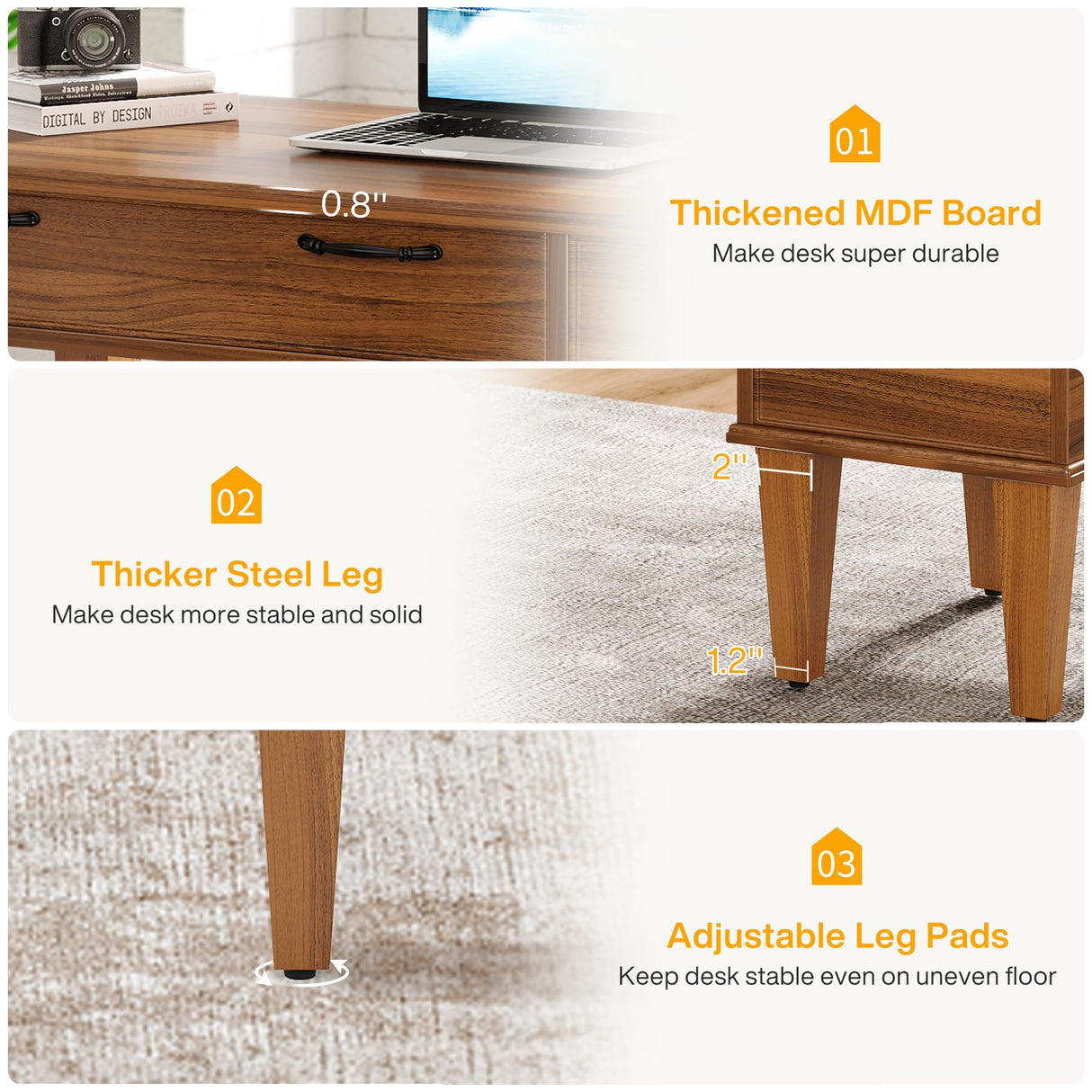 Tribesigns 47" Computer Desk with 3 Drawers, Farmhouse Office Desk with Storage, Wood Teacher Desk Writing Table with File Drawers for Home Office, Bedroom, Study Room, Brown Tribesigns