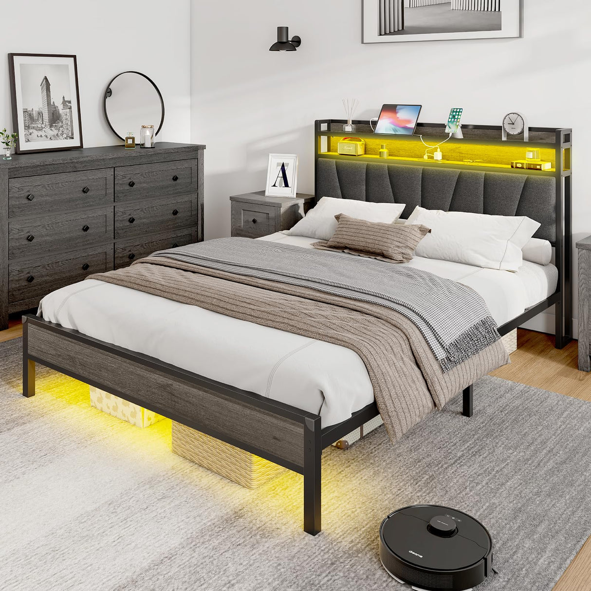 AMERLIFE Queen Size Bed Frame with RGB Lights & Charging Station, LED Bed Frame with Storage Headboard Linen Upholstered, Heavy Duty Metal Slats, No Box Spring Needed, Rustic Grey AMERLIFE