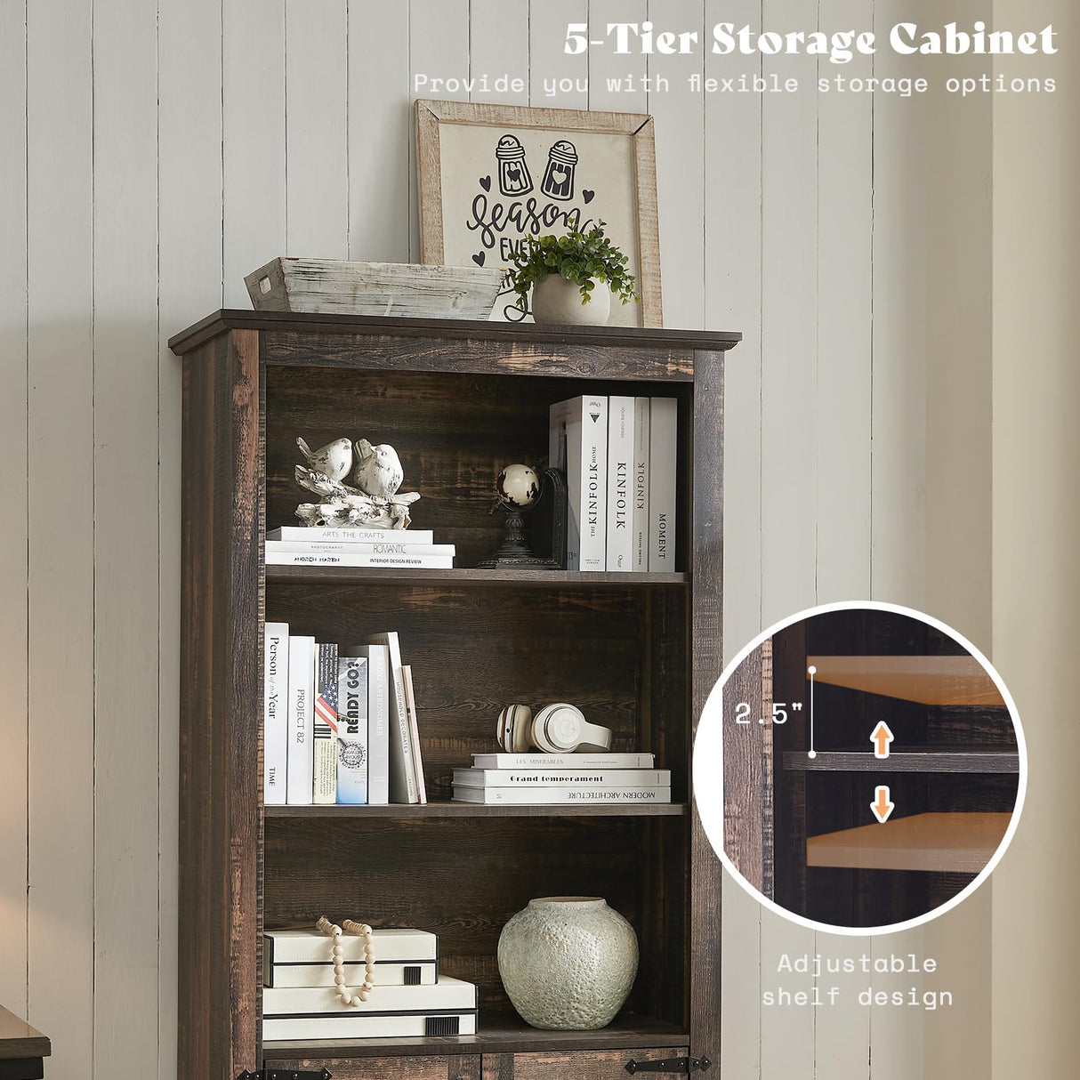 AMERLIFE Farmhouse Bookcase with Doors, 5 Shelf Bookshelf Storage Cabinet with Adjustable Shelves & Barn Door, Versatile Storage Pantry Cabinet for Bedroom, Living Room, Kitchen, Rustic Oak Black AMERLIFE