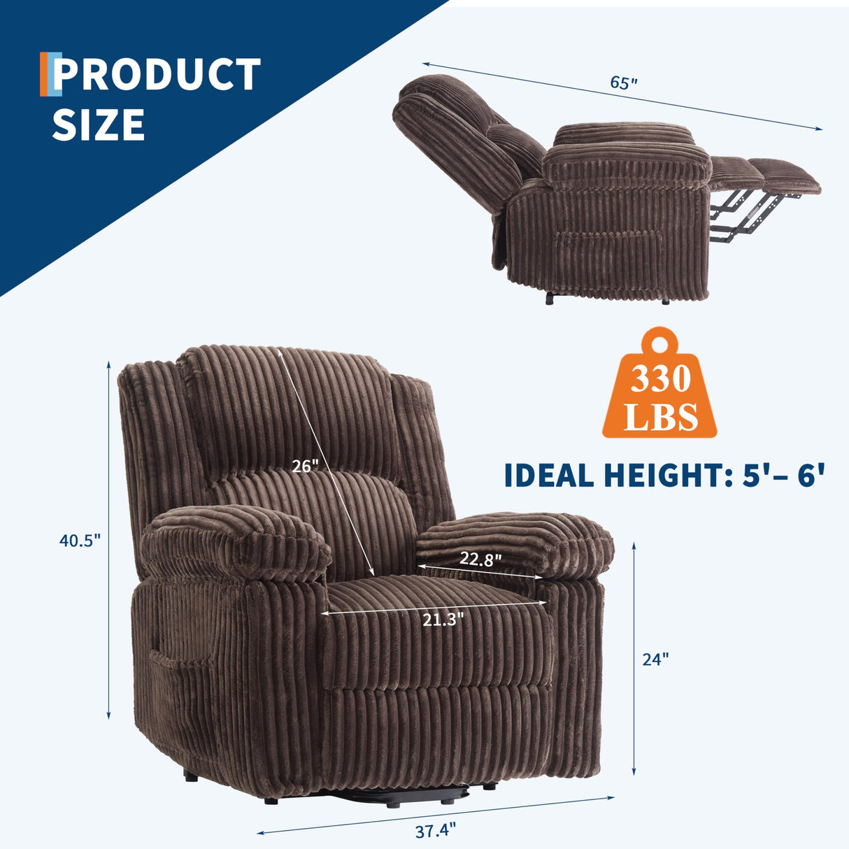 Garvee Corduroy Recliner Chair, Manual Recliner Sofa with Handle, Pillow Top Arms, Thick Padding, Side Pocket, 330Lbs Capacity, Adjustable Recliner for Living Room, Bedroom, Home Theater, Brown Garvee