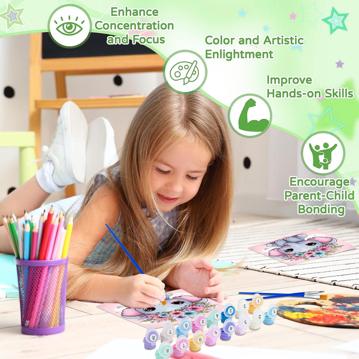 cviokrdu Elephants Paint by Numbers Kit for Kids with Frame - Wooden Easel, Animals Paint by Numbers for Kids Ages 4 8 12, Easy Acrylic Oil Painting Kits for Home Wall Decoration 8x8 inch cviokrdu