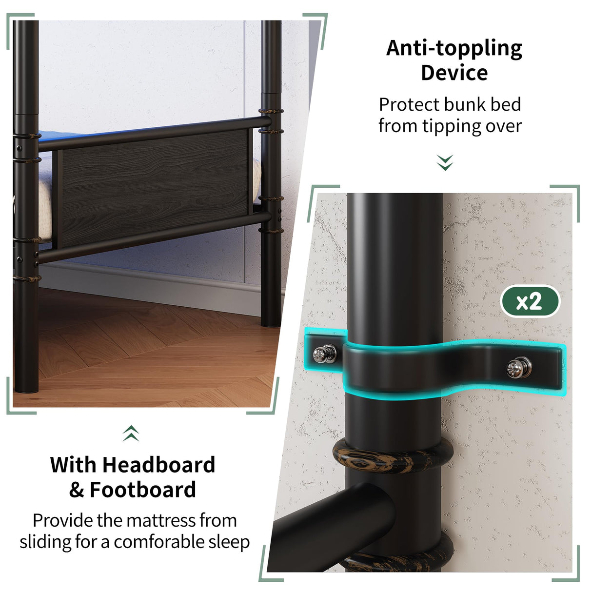 Jocoevol Metal LED Bunk Bed Twin Over Twin with 2 Storage Drawers, USB Charging Station, Industrial Bunkbeds Heavy Duty Bed with Safety Guardrail and Ladder, No Box Spring Needed, Black Jocoevol