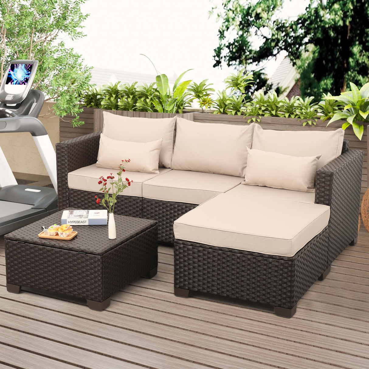 Patio Furniture Set - 3 Piece Outdoor Sectional Sofa Set with Wicker Couch, Ottoman, Coffee Table & Storage - All-Weather, Anti-Slip Cushions & Waterproof Covers, Khaki Rattan Star