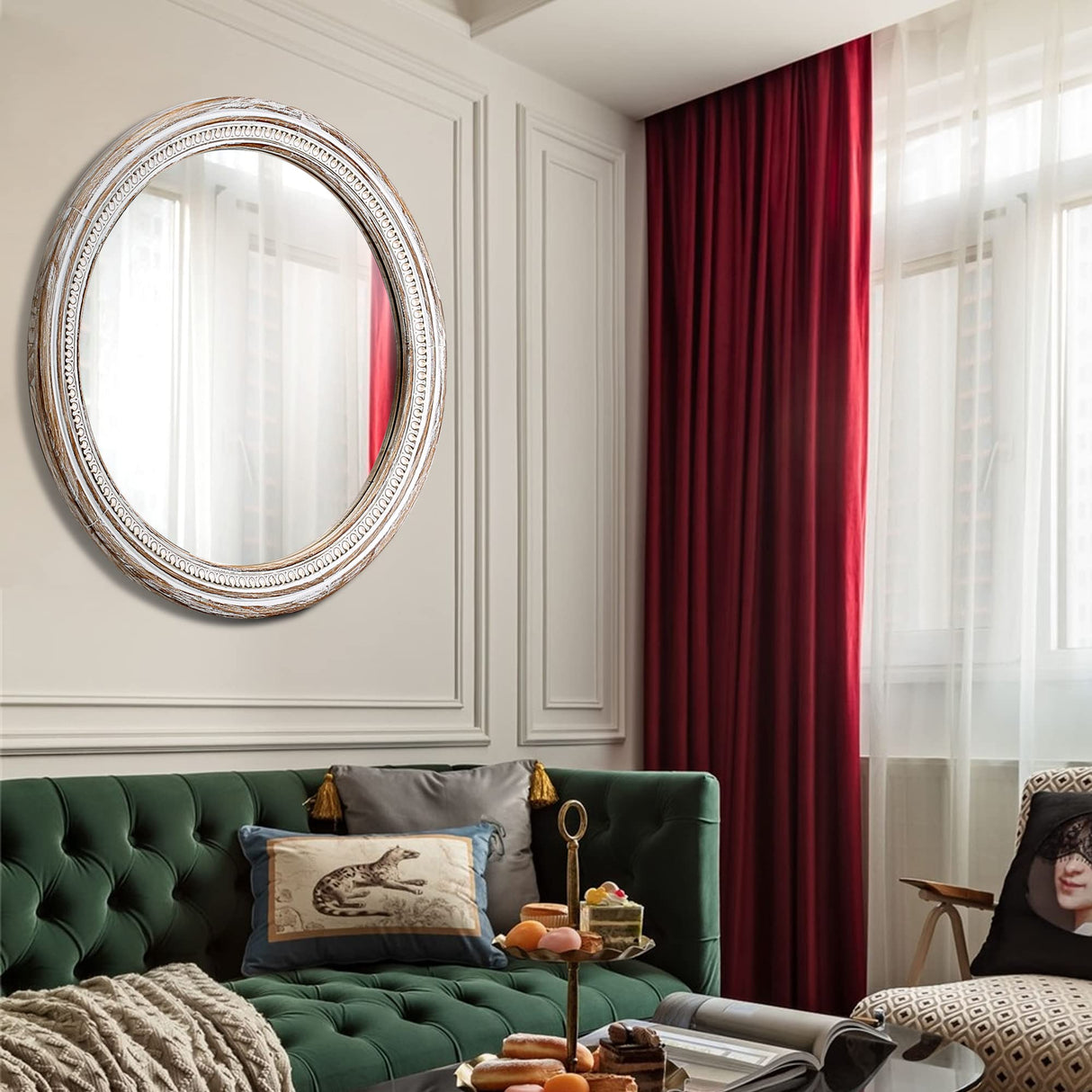 HOITUZYUS 24 Inch Round Wood Mirror, Rustic Farmhouse Circle Mirror with Beaded Design, Distressed Boho Decorative Wall Mirror for Entryway, Bathroom, Bedroom, Living Room HOITUZYUS