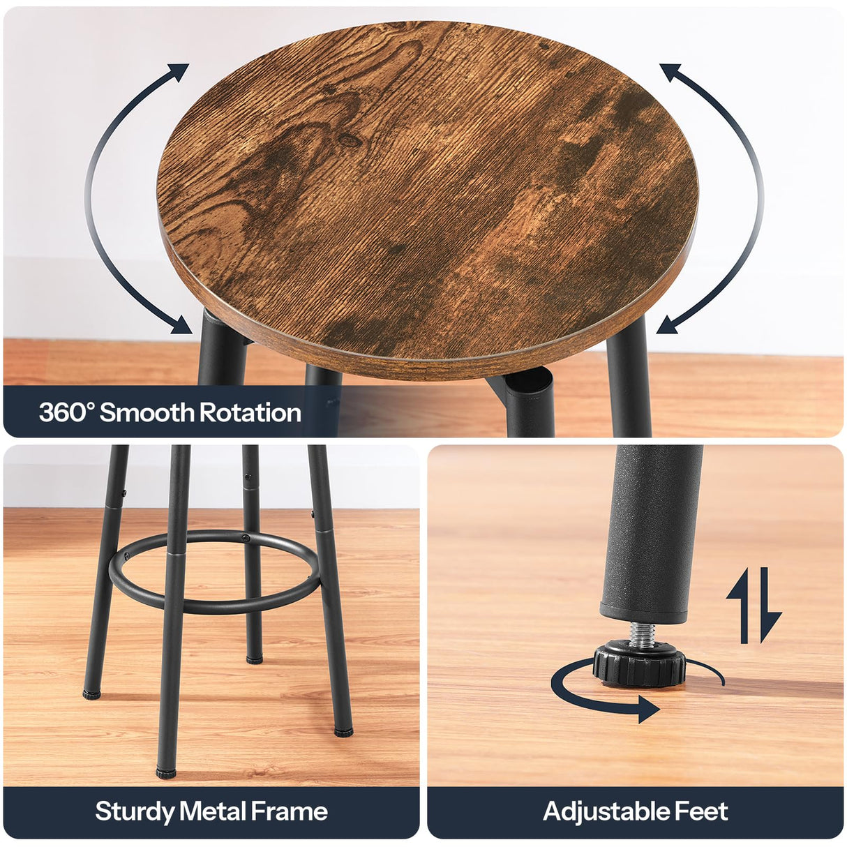 HOOBRO Bar Stools, Swivel Bar Stools Set of 2, 24.9" Round Bar Chairs, Backless Modern Breakfast Chairs, with Adjustable Feet, for Kitchen Islands, Bar, Cafe, Rustic Brown and Black BF24BY01 HOOBRO