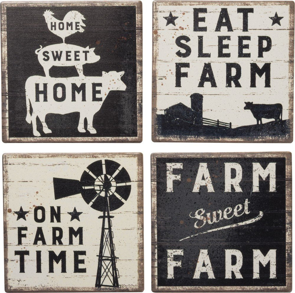 Primitives by Kathy 39412 Rustic Style Absorbent Stone Coasters, Set of 4, Farm-Sweet-Farm Primitives by Kathy