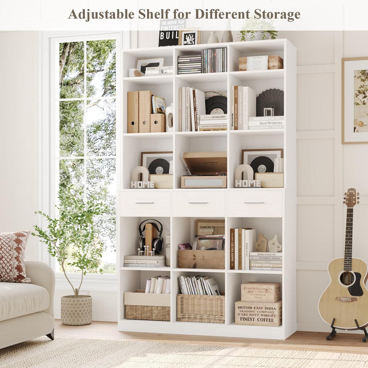 HOSTACK 75" Tall Book Shelf and Bookcase, 47" Wide Bookshelf with Drawers, Modern 9 Tier Bookcase with Storage, Large Wood Display Cabinet with Adjustable Shelves for Living Room, Home Office, White HOSTACK