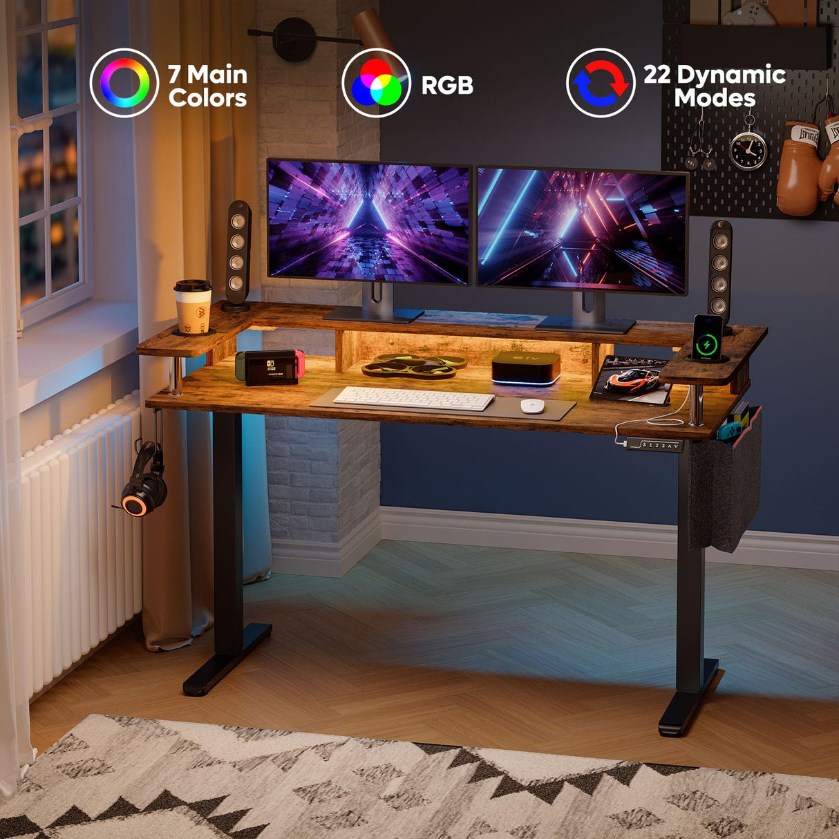 Bestier LED Electric Standing Desk Adjustable Height, 58x26 Inch Large Sit Stand Desk with Monitor Stand, Ergonomic Rising Desk for Home Office Workstation, Headphone Hook Storage Bag Brown Bestier