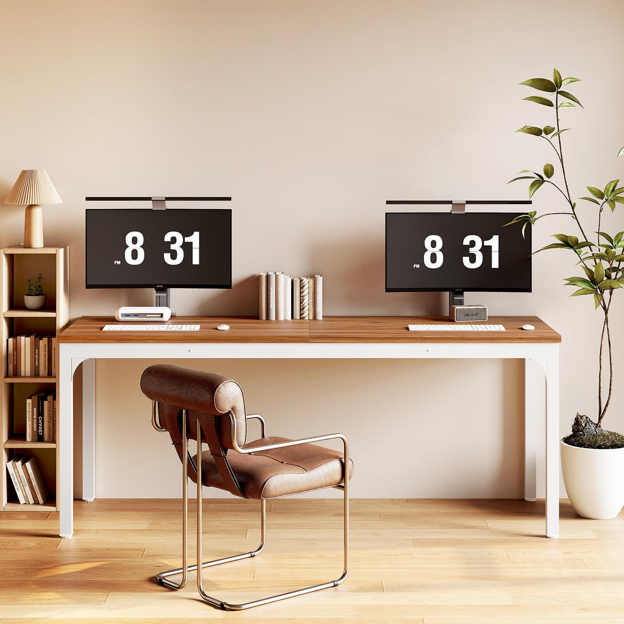 LITTLE TREE 78.7-Inch Ultra Long Double Desk, Writing Gaming Work Computer Two-Person Desk for Home Office, Walnut + White LITTLE TREE