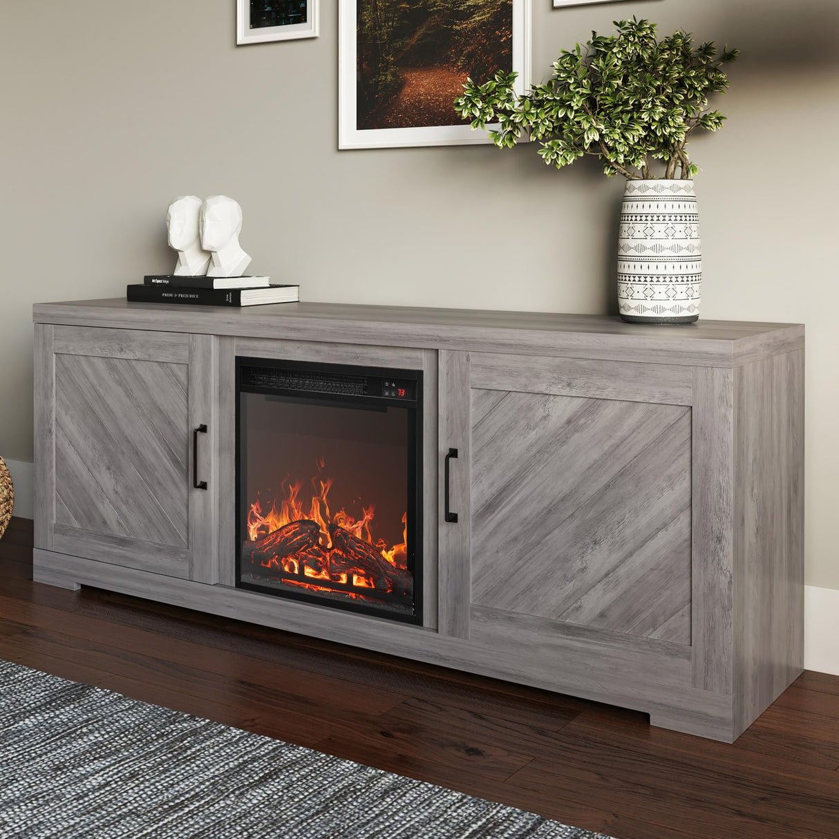 BELLEZE Modern 58" Farmhouse TV Stand with 18" Electric Fireplace Heater & Media Entertainment Center for TV up to 65", Console Table with Storage Cabinets - Hilo (Grey Wash) BELLEZE