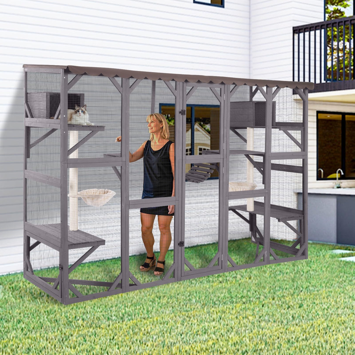 GUTINNEEN Extra-Large Catio, 104" Wall-Mounted Outdoor Cat Enclosure - Cat House Window Box Walk-in Cat Kennel Shelter with Weatherproof Roof, 2 Scratching Posts, 2 Hammocks & Bridge for 6-8 Cats GUTINNEEN