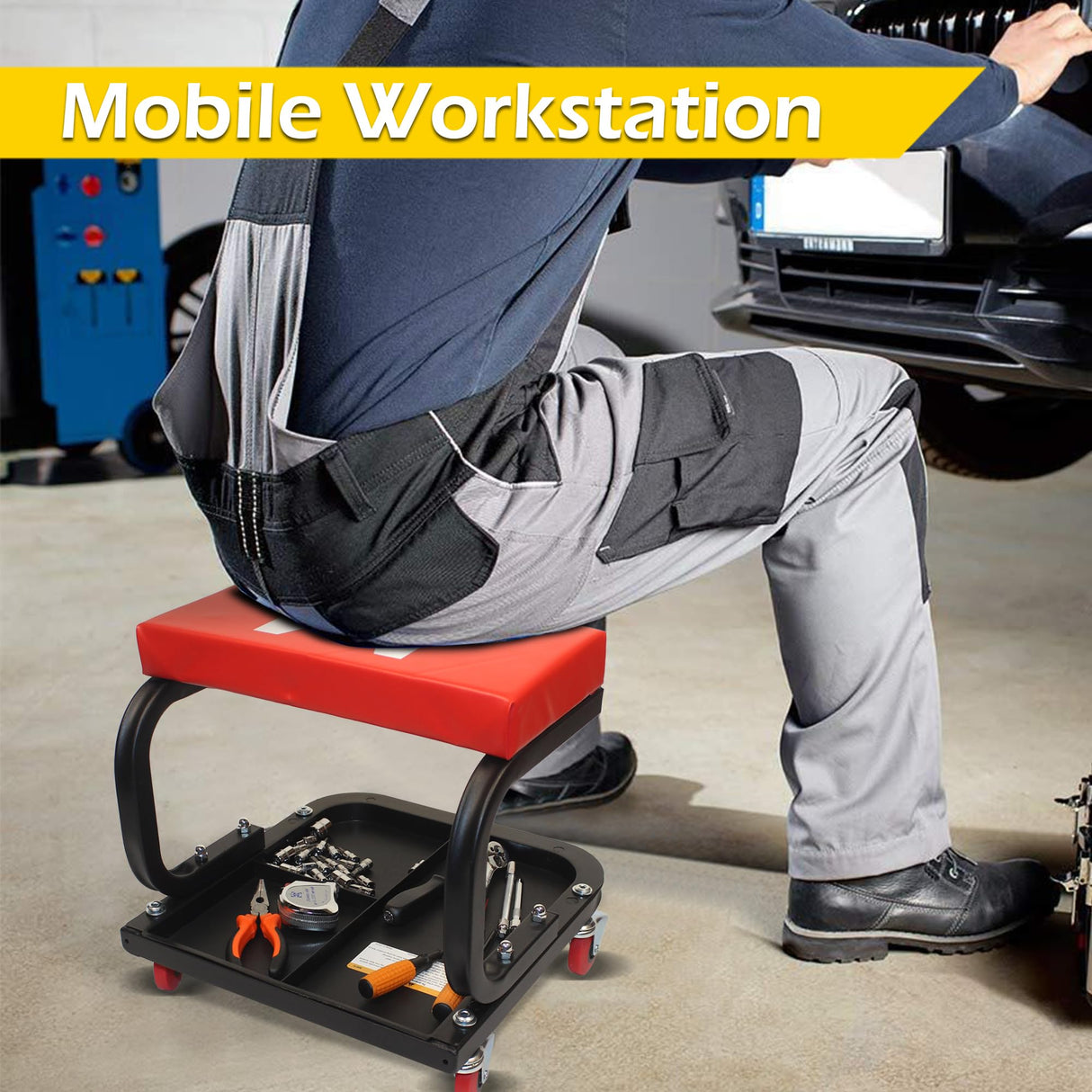 MaxWorks 50875 Mechanics Roller Seat, 250 LBS Capacity Padded Rolling Workshop Stool with Tool Tray Storage for Garage, Shop, Auto Repair MaxWorks