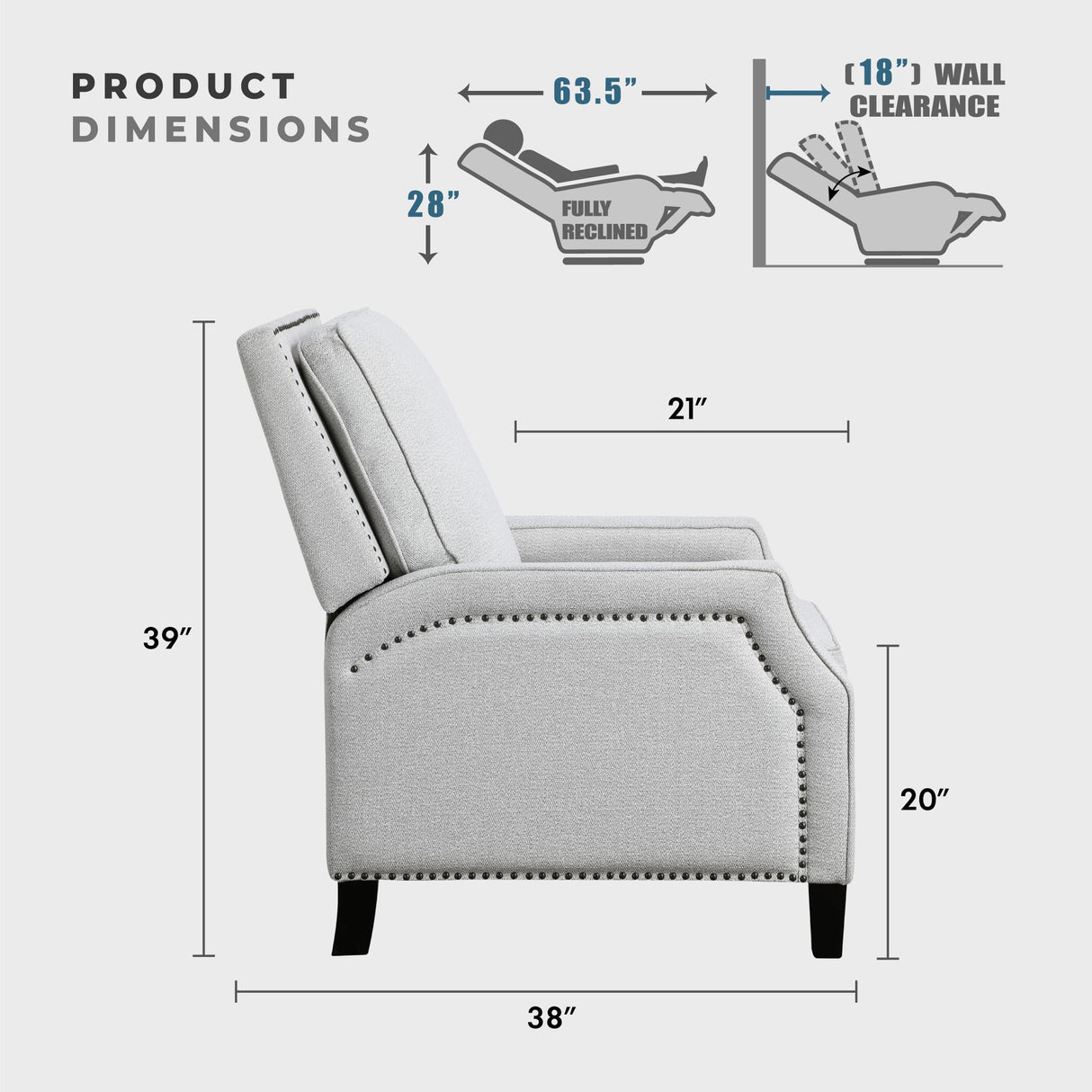 Lexicon Push Back Recliner Chair, Reclining Sofa Armchair, Modern Recliner Sofa Chair with Footrest, Chenille Fabric Recliner Arm Chair, Single Sofa Accent Chair for Living Room/Office/Apartment, Grey Lexicon