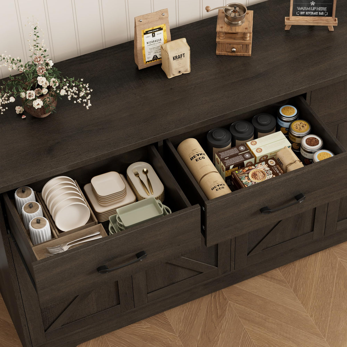 HOSTACK 59" Large Buffet Cabinet with Storage, Farmhouse Sideboard Buffet Cabinet with 3 Drawers, Wood Kitchen Coffee Bar with Doors and Shelves, Long Sideboard Table for Dining Room, Dark Brown HOSTACK