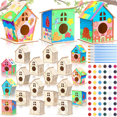 Qunclay 18pcs DIY Birdhouse Kit to Build and Paint Unfinished Wooden Bird House Wood Arts Craft with Colorful Painting Pens DIY Craft Project Kits for Spring Summer Party Favors
