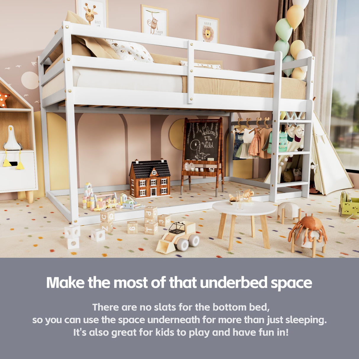 TOLEAD Low Bunk Bed Twin Over Twin, Floor Bunk Bed with Ladder, Twin Bunk Bed with Full Guardrails, Wooden Bunk Bed for Juniors, Boys, Girls, Kids, Bedrooms (White) TOLEAD