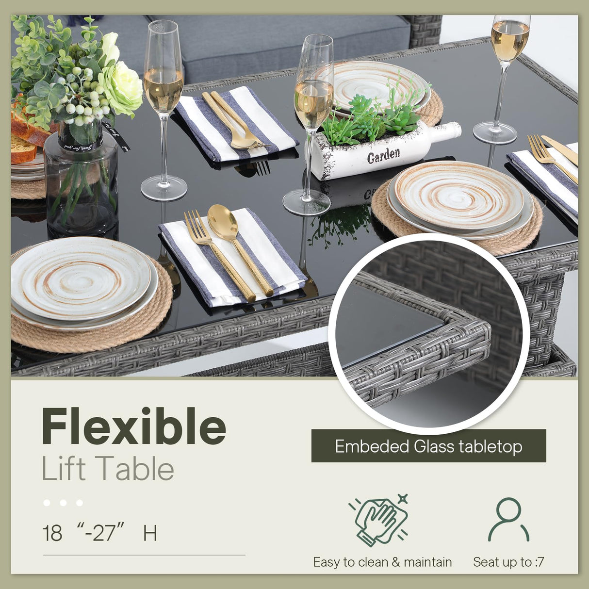 SUNSITT Outdoor Patio Furniture Set 6 Piece Wicker Conversation Set with Lift Coffee Table Sectional Dining Set 3 Seat Sofa Couch with Ottoman, Grey Wicker & Grey Cushion SUNSITT