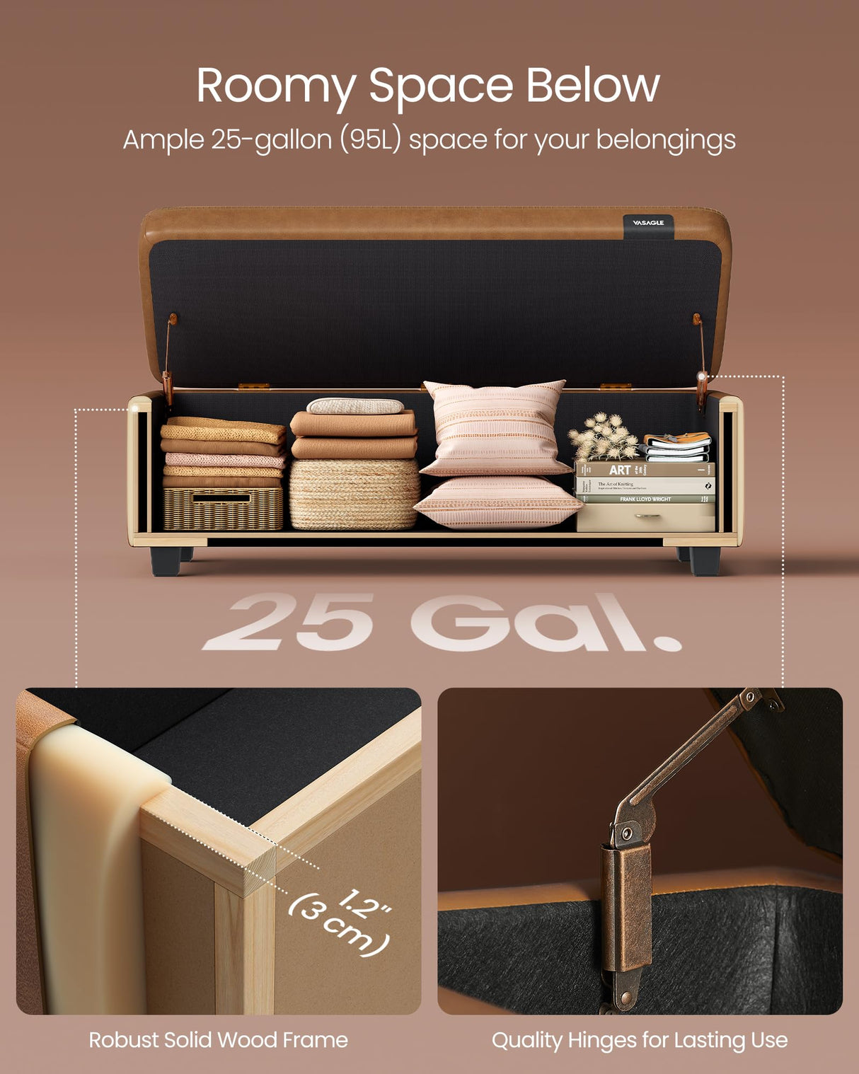VASAGLE EKHO Collection - Storage Ottoman Bench, Entryway Bedroom Bench, 25 Gallons, Synthetic Leather with Stitching, Mid-Century Modern, Safety Hinges, Loads 660 lb, Caramel Brown ULOM075K01 VASAGLE