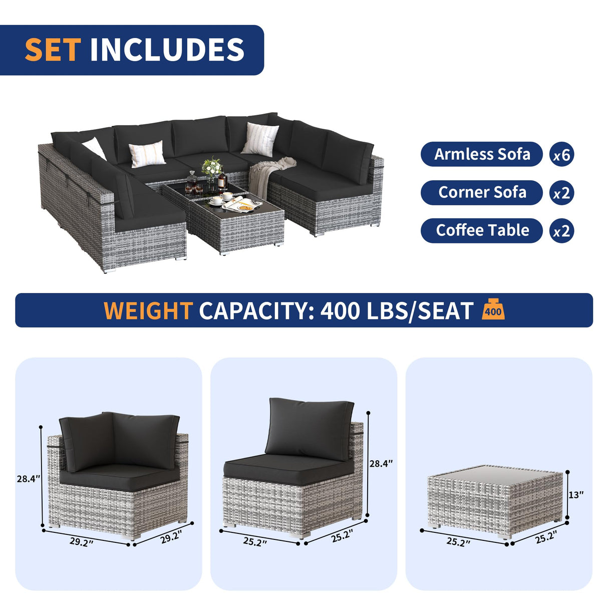 VONZOY Patio Furniture Set, 10-Piece Outdoor Sectional with Free Cover, All-Weather Wicker Patio Conversation Sets for Backyard (Grey with Black Cushion) VONZOY