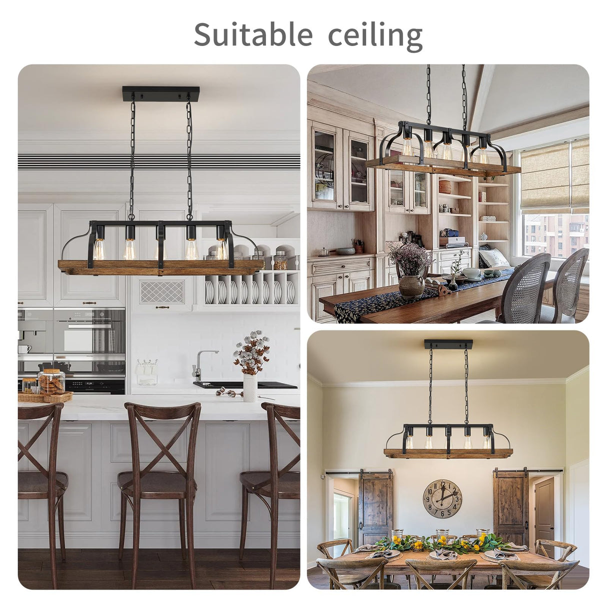 WUZUPS 5-Light Metal Chandelier Imitation Wood Grain Linear Pendant Ceiling Lighting Rustic Farmhouse Fixture Kitchen Island Dining Room, H 8.5" L 31.5" W10, E26 Base, Black & Retro Wood WUZUPS