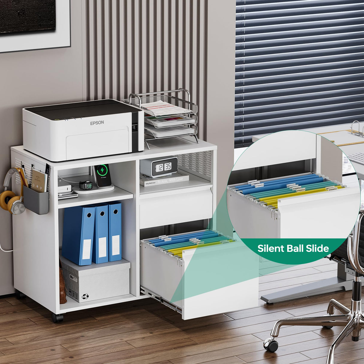 Letaya Mobile File Cabinet, Metal Lateral Rolling Printer Stand Filing Cabinets with Shelves for Home Office-Storage A4/F4/Letter/Legal (White) Letaya