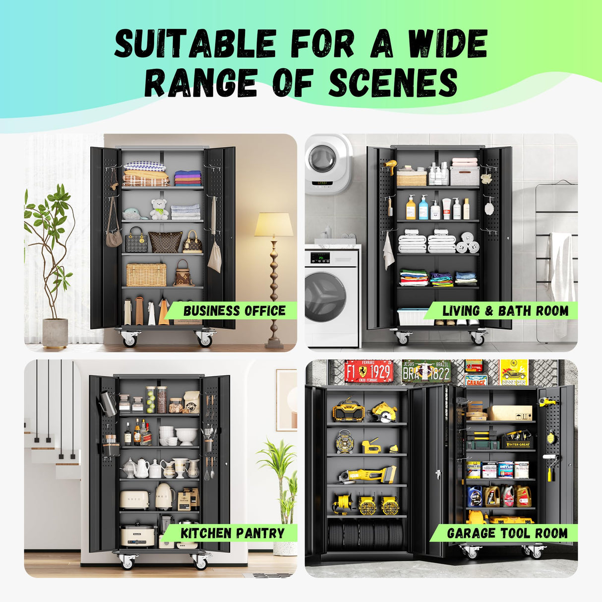 INTERGREAT Metal Storage Cabinet with Wheels, 75" Garage Storage Cabinets with Door and 4 Shelves, Tool Storage Locker on Caster for Home, Office, Black INTERGREAT