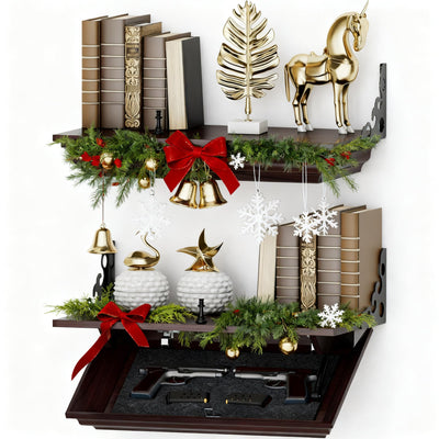 HNEBC 24" Solid Wood Gun Shelf with Hidden Compartment, Floating Wall Mount Gun Rack for Living Room Decor, Compact Concealed Furniture for Secure Gun Storage (Walnut)