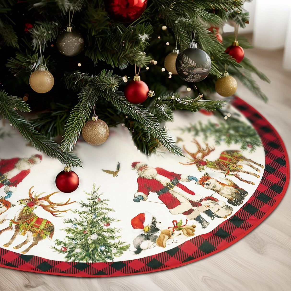 Christmas Tree Skirt 48 Inch Santa Claus Peace Love Xmas Tree Mat Decoration Winter Xmas Holiday Ornaments Home Party Decorations (Beige, 48x48 inch) Mocsicka