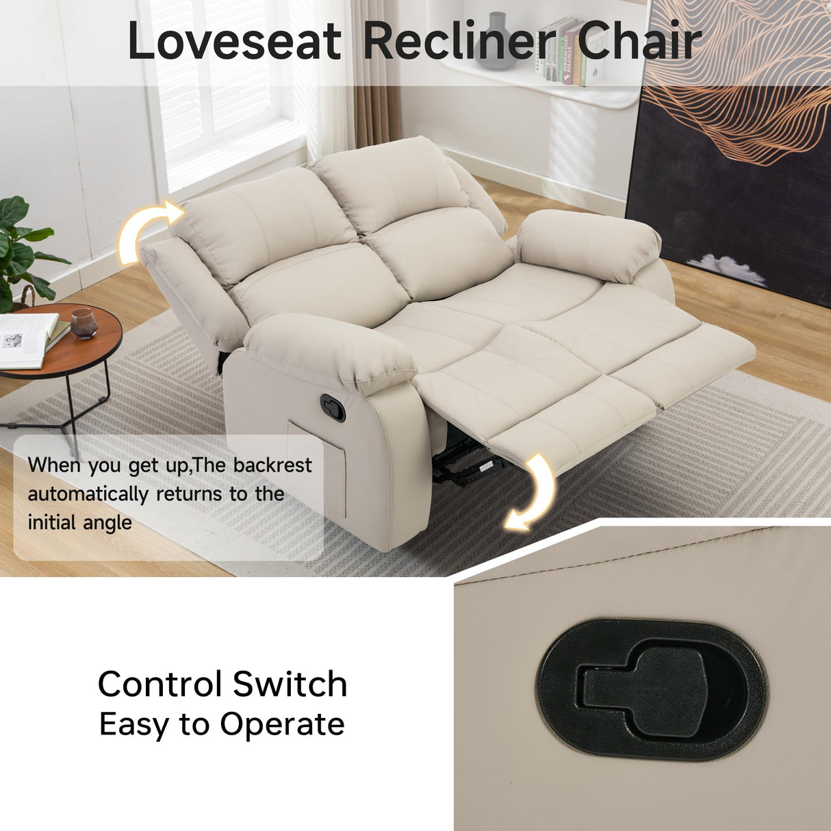 GNMLP2020 Reclining Loveseat Sofa Leather Recliner Couch 2 Seater Sofa for Living Room, Home Theater Seating(Loveseat,Beige) GNMLP2020