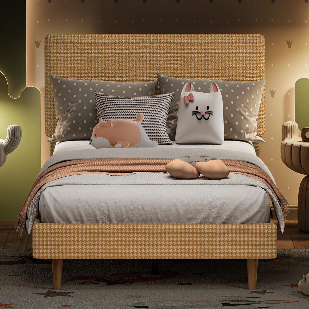 LIKIMIO Twin Size Bed Frame with Headboard, Fully Cotton Upholstered Foundation, Wooden Slats Support, Noise Free, No Box Spring Needed, Easy Assembly, Rustic Yellow and White Checkered LIKIMIO