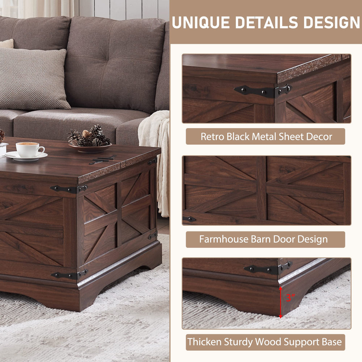 JXQTLINGMU Farmhouse Coffee Table, Square Wood Center Table with Large Hidden Storage Compartment for Living Room, Rustic Cocktail Table with Hinged Lift Top for Home, Brown JXQTLINGMU