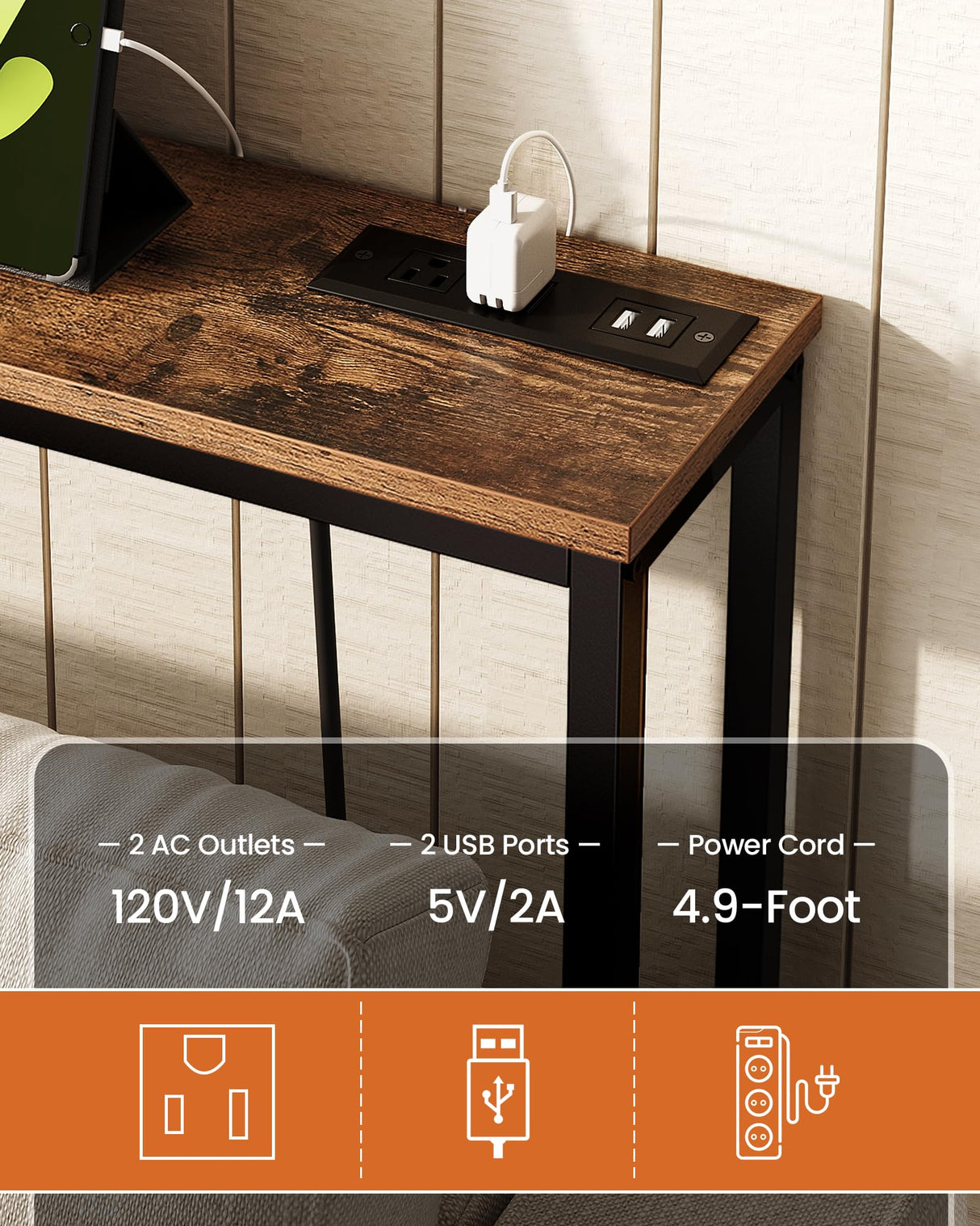 CHOEZON 78.7'' Narrow Console Table with Power Outlet 7.1" Skinny Sofa Table, Long Behind Couch Table with Charging Station, Entryway Table for Hallway, Living Room Rustic Brown and Black TXG20UBF CHOEZON