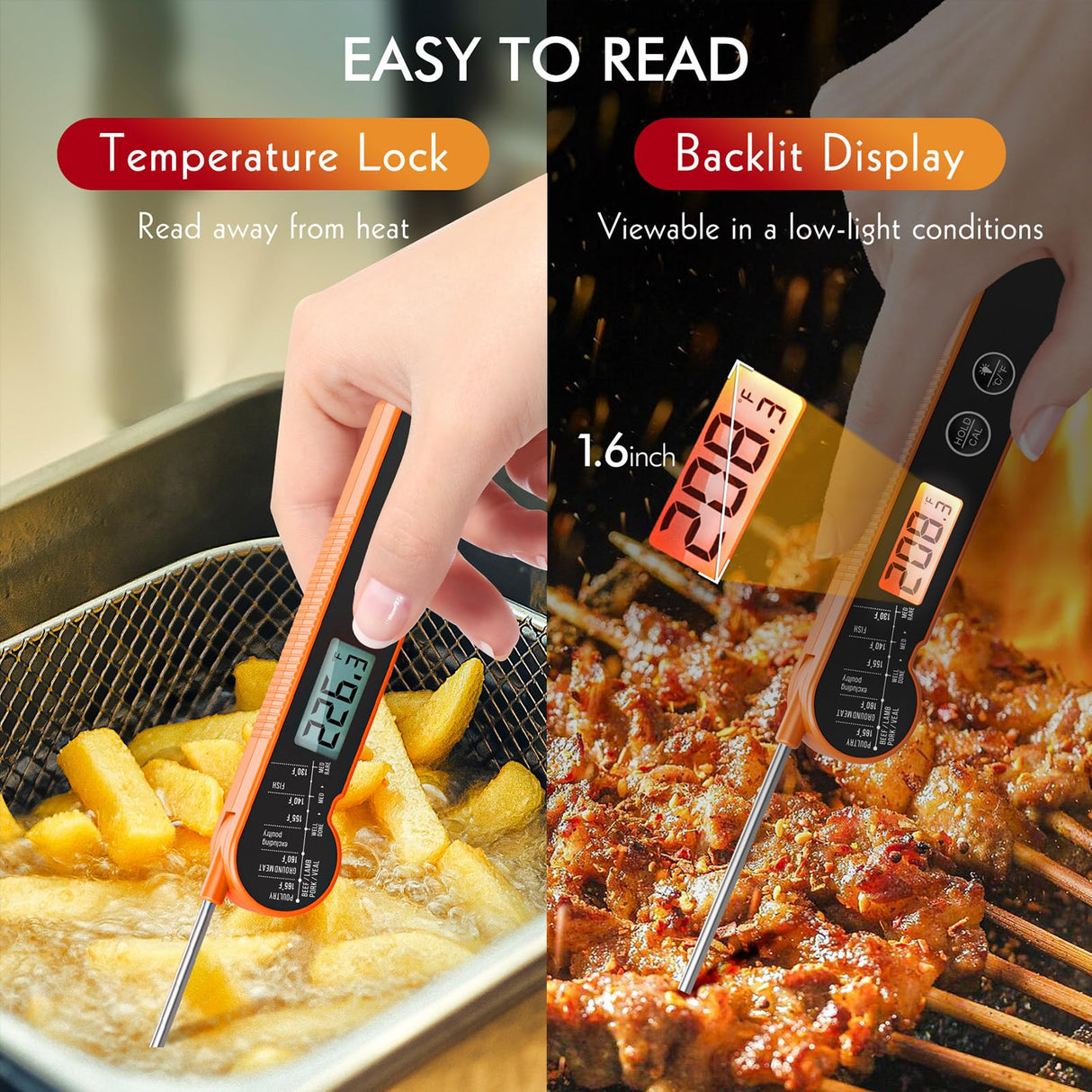 CaloriMastery Meat Thermometer Digital with Backlight, Calibration & Hold Function, IP65 Waterproof Food Thermometer for Cooking, Outdoor Grilling, Candy Making CaloriMastery