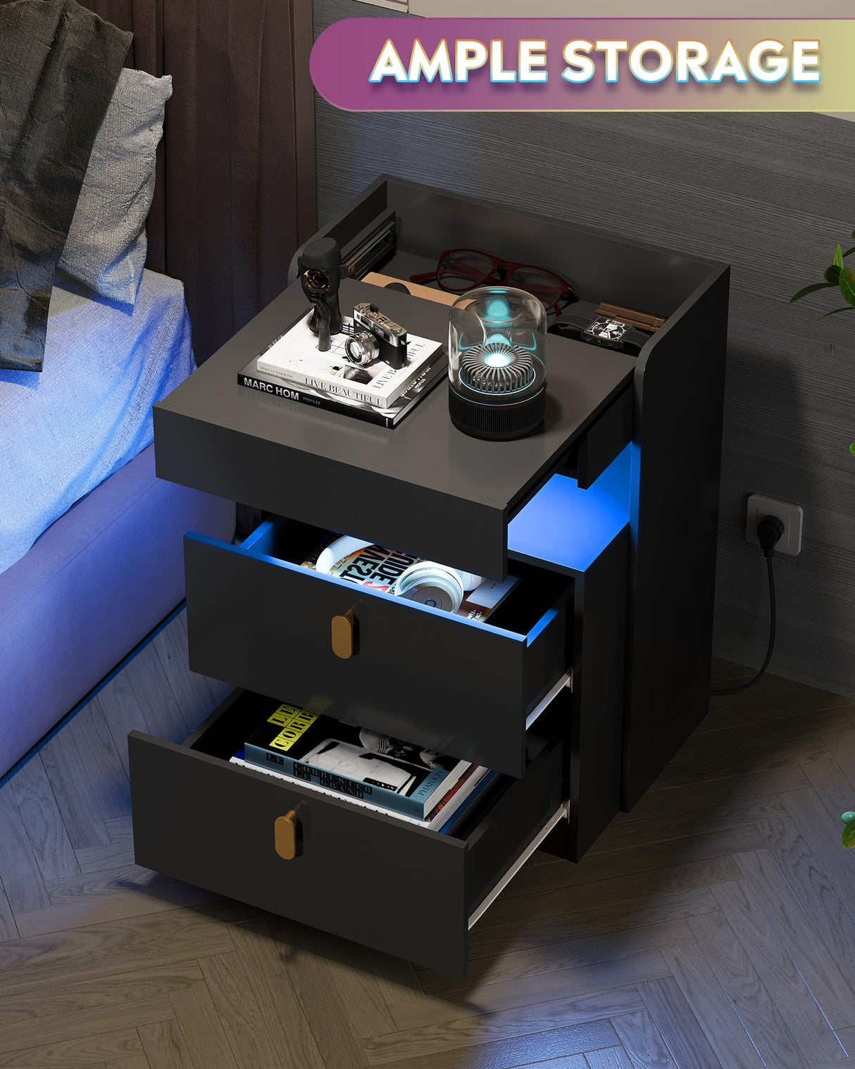 WLIVE Black Nighstand with Charging Station and LED Lights, Night Stand with Sliding Top, Modern Bedside Table with 2 Drawers, End Tables for Bedroom, Living Room, Black WLIVE