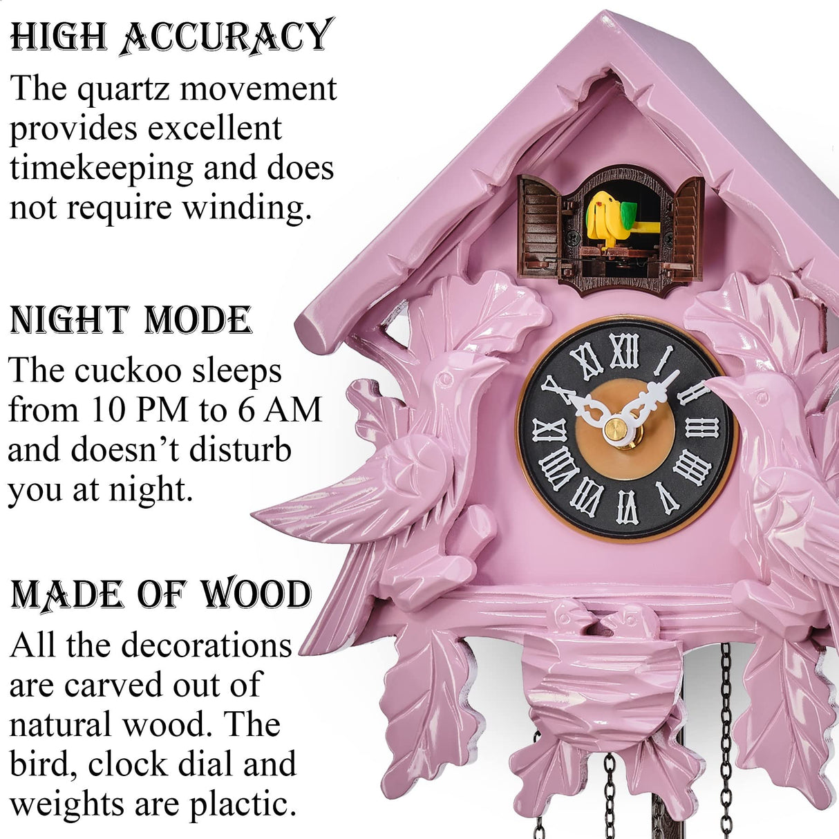 TIMEGEAR Cuckoo Clock with Night Mode, Singing Bird, Wooden Decorations and Swinging Pendulum (Pink) TIMEGEAR