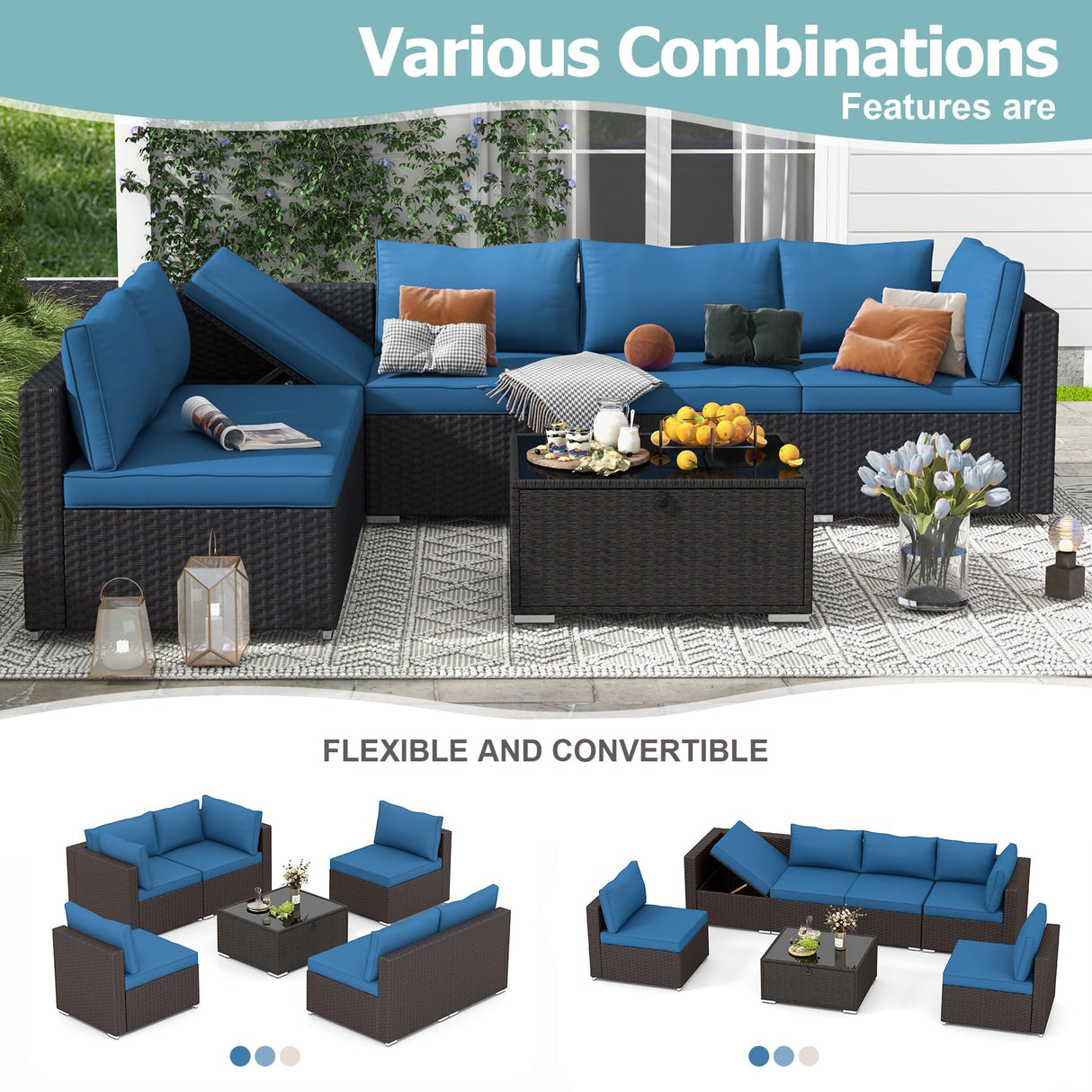 RYNSTO 7 Piece Patio Furniture Set with Adjustable Bracket Wicker Rattan Patio Conversation Sets Outdoor Sectional Sofa Set with Wood Table and Cushions for Porch Lawn Garden, Blue RYNSTO