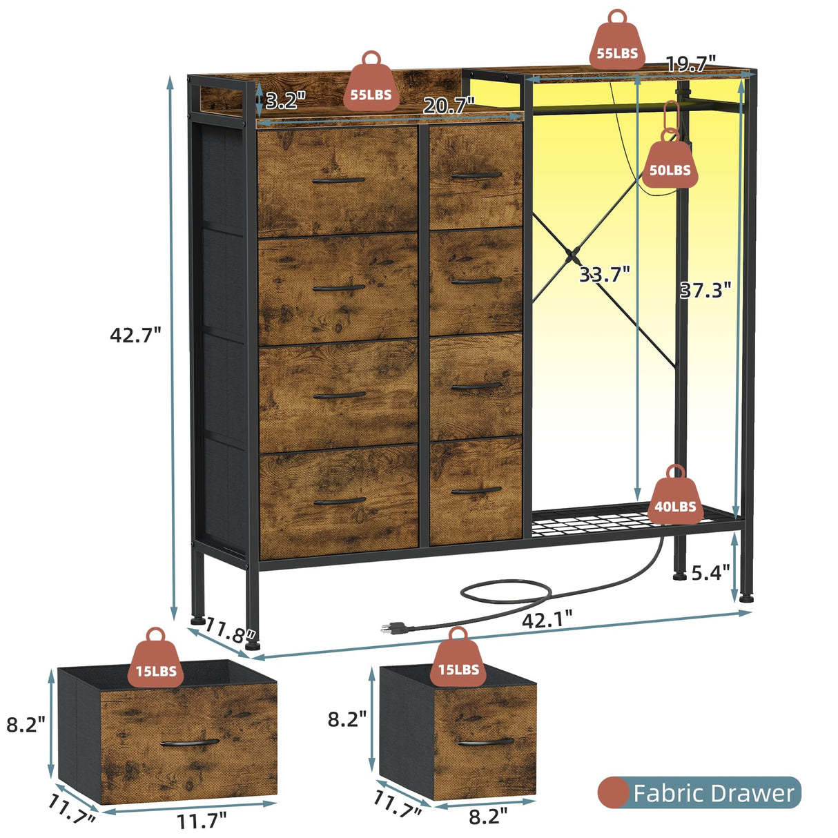 HIGDBFE Dresser with Hanging Rack, 8-Drawer Dresser for Bedroom with Charging Station & LED Lights, Kids Dressers with Shoe Rack, Rustic Brown, 11.8" D x 42" W x 42.7" H (8 Drawers) HIGDBFE