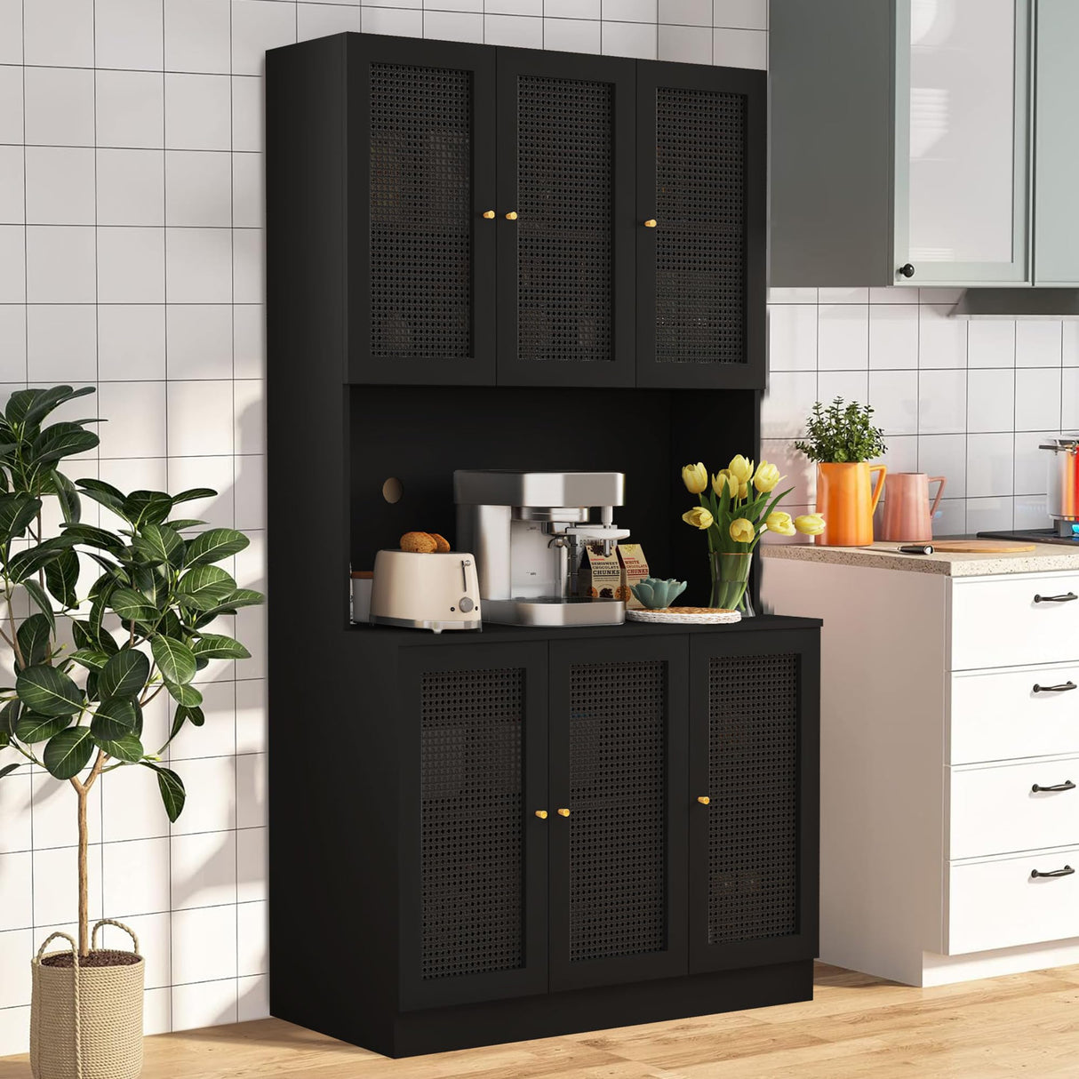 ORRD Black Freestanding Kitchen Pantry Cabinet with Iron Rattan Doors - 6 Door Modern Sideboard Storage Solution ORRD