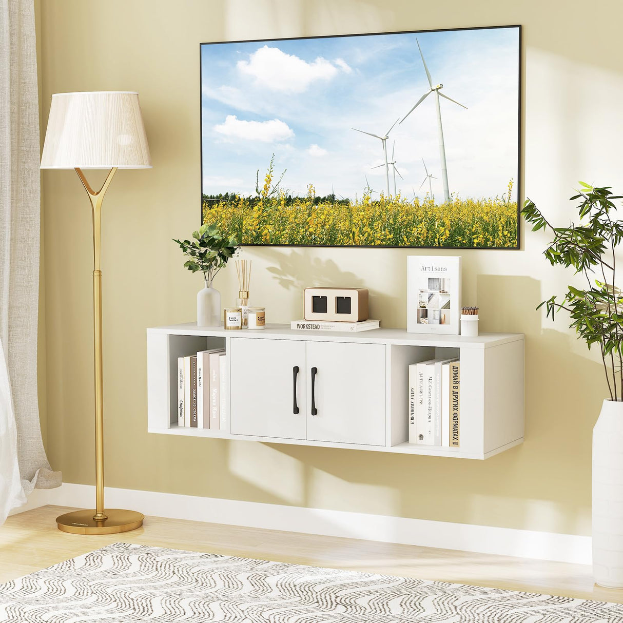 GOFLAME Floating TV Stand, Wall Mounted TV Console Table with Doors, Entertainment Media Center Under TV, Modern TV Cabinet for Living Room, Bedroom, Office, White GOFLAME