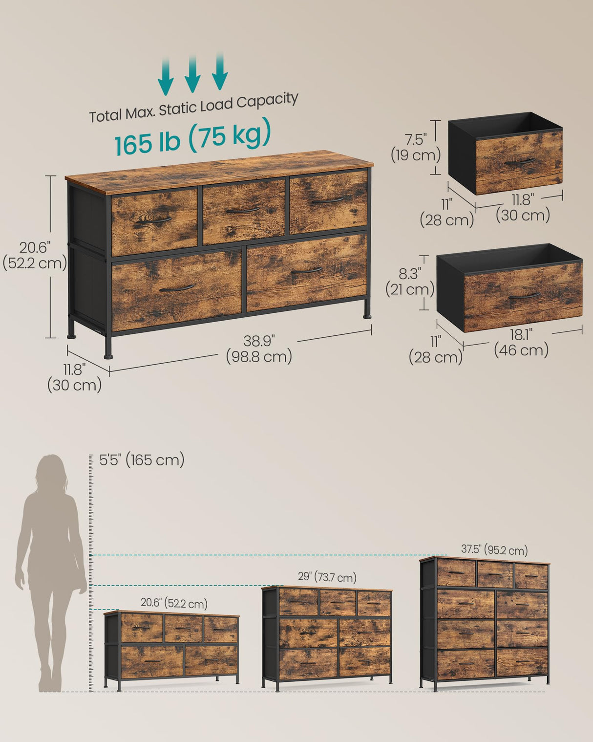 SONGMICS Dresser for Bedroom, Chest of Drawers, TV Stand, Steel, MDF, 5 Non-Woven Fabric Drawers, Storage Organizer Unit, Closet, Entryway, Rustic Brown and Ink Black ULGS322B02S SONGMICS