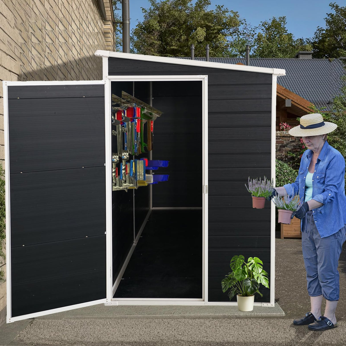 LANTRO JS Outdoor Storage Shed with Floor Included, 4x8FT Plastic Storage Shed with Floor with 2 Windows and Lockable Door, Backyard Storage Sheds for Garden Tools, Bike LANTRO JS